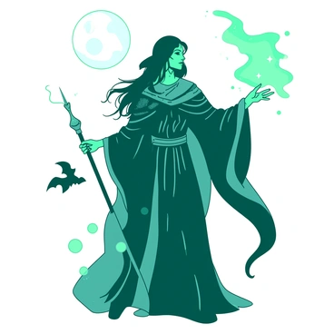 A teal medieval witch with long, flowing black hair is casting spells under a full moon. She is wearing a long, dark robe adorned with silver patterns. Perched on her left shoulder is a small, black bat with its wings slightly open. The witch is holding a shimmering silver wand in her right hand, pointing it toward the sky. Surrounding her are glowing orbs of light that swirl around her as she conjures magic. The full moon casts a bright light, illuminating the scene and creating shadows on the ground.