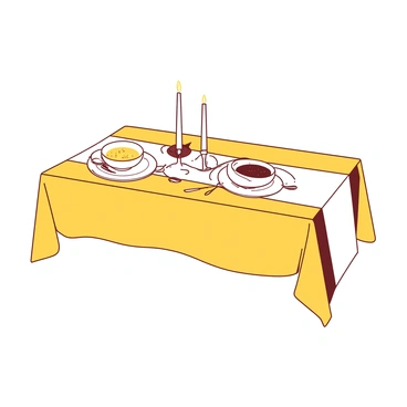 A yellow dining table is set for two with a white tablecloth draped over it. On the table, there are two elegant plates, each holding a perfectly crafted crème brûlée topped with a caramelized sugar crust. Beside each plate, there are small silver spoons resting on the table. Two slender white candles are placed in decorative holders, casting a warm glow across the table. The atmosphere is intimate and inviting, with the table centered in a softly lit room.