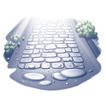 A cobblestone street is shown with uneven stones that create a rustic texture. A gentle rain is falling, with multiple small droplets impacting the surface of puddles, creating visible ripples that expand outward. Each ripple distorts the light reflections on the water's surface. Surrounding the street, there are hints of green foliage, slightly blurred by the rain. The overall atmosphere conveys a sense of calm as the rain continues to fall softly.