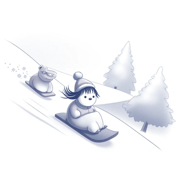A small character, Little My, is wearing a winter outfit with a hat while sledding down a steep snowy hill. She is sitting on a sled, with her hair blowing in the wind. Behind her, Moomintroll is depicted in a playful chase, with a look of excitement on his face. The hill is covered in a thick layer of snow, and there are snowflakes gently falling around the scene. The background features a snowy landscape with a few trees lightly dusted with snow.