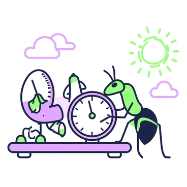 An ant is actively operating a weather station filled with tiny instruments. The ant is standing on a small platform equipped with a miniature barometer and thermometer. Surrounding the ant, there are delicate instruments like an anemometer and a rain gauge, all scaled down to suit its size. The ant is using its antennae to adjust a dial on the barometer. In the background, there are small, fluffy clouds drawn in the sky, and a sun with rays extending outward is visible, creating a scene of measurement and observation.