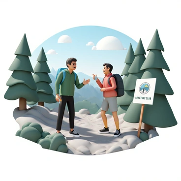 Two hikers are on a rugged mountain trail, surrounded by tall pine trees and rocky terrain. One hiker, wearing a blue backpack, a green jacket, and black hiking pants, is animatedly talking. The other hiker, dressed in a red jacket, gray shorts, and sturdy hiking boots, listens attentively with a smile. The first hiker gestures with one hand while holding a water bottle in the other, pointing ahead to the scenic view. Sunlight filters through the trees, casting dappled shadows on the trail. A sign for a "Refer-a-Friend Adventure Club" is visible nearby, prominently displaying the logo and inviting others to join.