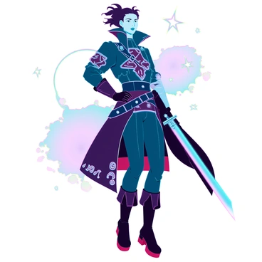 A character resembling a pirate floats in space, wearing a sleek, futuristic outfit adorned with intricate patterns and metallic details. The outfit features a long coat with glowing accents and a high collar, along with fitted pants and combat boots. The character has tousled hair blowing in the zero-gravity environment, and their expression is determined. They are holding a sword with a glowing blade, poised and ready for battle. Surrounding them are distant stars and colorful nebulae, enhancing the cosmic atmosphere.