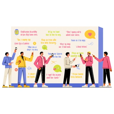 A large wall mural featuring colorful text with various "inspiring quotes" displayed prominently. The mural includes vibrant designs and uplifting imagery to enhance the quotes. In front of the mural, several people of different ages and ethnicities are standing, pointing at the mural and discussing it. Some individuals are taking photos, while others are smiling and engaged in conversation. The scene captures a sense of admiration and appreciation for the artwork.