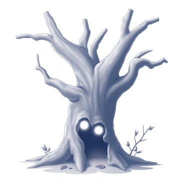 A hollow tree with glowing eyes peering out from its dark interior