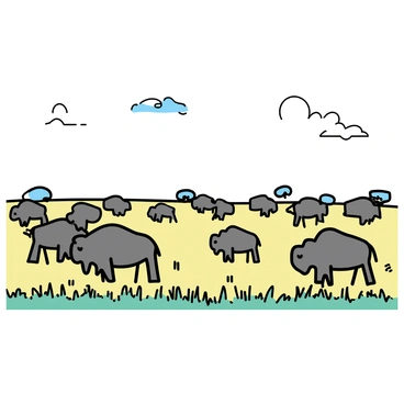 A wide prairie landscape characterized by tall, flowing grasses swaying in the wind. In the foreground, a herd of bison grazes peacefully, their large bodies contrasting against the green and golden hues of the grass. The sky above is expansive and bright, with scattered clouds adding depth to the scene. The bison are depicted in various poses, some grazing, others standing alert, showcasing their massive frames and shaggy fur. The overall composition emphasizes the vastness of the prairie and the harmony of the bison within their ecosystem.