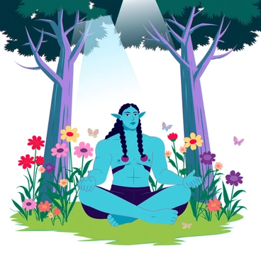 An orc with green skin and muscular build, sitting cross-legged on a vibrant patch of grass. He has long, braided black hair and wears simple, natural fabrics. Surrounding him are various blooming flowers in bright colors such as red, yellow, and purple, adding a striking contrast to the green landscape. Tall trees with thick trunks and dense canopies provide a sense of shelter and tranquility. Sunlight filters through the leaves, casting dappled light on the orc's serene expression as he meditates. Small butterflies flit around the flowers, enhancing the peaceful atmosphere of the glade.