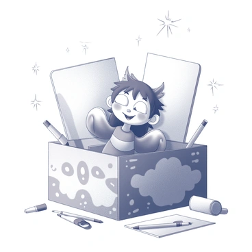 A whimsical character emerging from an illustration box, surrounded by magical sparkles and vibrant colors.