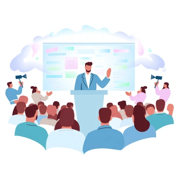 A spokesperson stands confidently at a podium in front of a large audience. The podium is adorned with a "Press Conference" sign. The audience is composed of diverse individuals seated in rows, attentively focused on the spokesperson. Behind the spokesperson, there is a large backdrop featuring colorful branding related to the event. Bright lights illuminate the scene, casting soft shadows on the participants. In the background, several cameras are positioned to capture the event, highlighting the lively atmosphere.