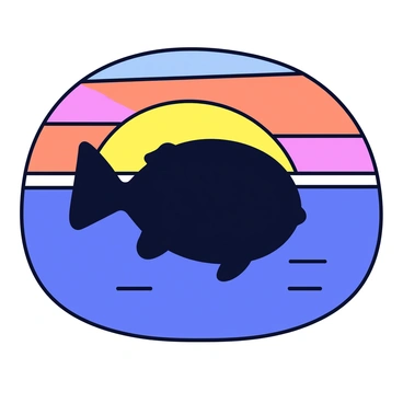 A silhouette of a puffer fish in profile. The fish has its body inflated, showcasing its characteristic shape. Behind the fish is a vibrant ocean sunset featuring a gradient of colors, transitioning from deep orange and yellow near the horizon to rich purple and blue higher in the sky. The water below reflects the warm hues of the sunset, creating a harmonious scene.