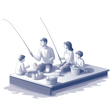A family of four is sitting on a barge, engaged in a fishing activity. The father is casting a fishing line into the water, while the mother is unpacking picnic baskets filled with food. Two children, a boy and a girl, are playing nearby, laughing as they take turns holding a fishing rod. The barge is surrounded by calm water, and there are fishing supplies scattered around, including a tackle box and buckets. The sun is shining down, creating a cheerful atmosphere.