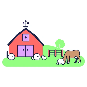 A vintage farm scene is presented with a large red barn situated prominently on the left side of the composition. The barn has two doors and a weather vane on top. In front of the barn, there are several round hay bales scattered across the grassy ground. A few farm animals can be seen grazing; on the right, there is a brown cow munching on grass, while a couple of sheep are more in the foreground. In the background, a wooden fence lines the scene, and a few trees can be seen against the horizon.