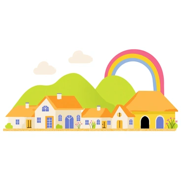 A small village with several quaint houses featuring thatched roofs and brightly colored walls. The houses are arranged in a charming, slightly curved line along a narrow cobblestone path. In the background, a vivid rainbow arches gracefully across the sky, displaying a spectrum of bright colors. Soft green hills rise gently behind the village, dotted with wildflowers in various shades. A few fluffy white clouds float lazily in the blue sky, enhancing the cheerful atmosphere of the scene.