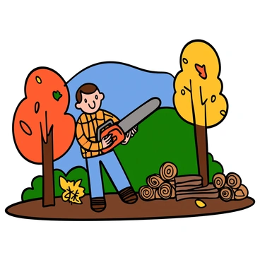 A picturesque autumn scene featuring a person with light skin and short brown hair, wearing a plaid shirt and rugged jeans. The person is using a chainsaw to cut firewood, surrounded by vibrant fall foliage with orange, red, and yellow leaves on the trees. There are piles of chopped wood scattered around, and the ground is covered with fallen leaves. In the background, a clear blue sky contrasts with the warm colors of the season, capturing the essence of autumn.