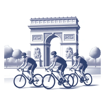 A group of cyclists is riding together along a wide boulevard. They are positioned in a line, with each cyclist wearing helmets and cycling gear. In the background, the "Arc de Triomphe" stands prominently, showcasing its classical architecture with intricate sculptures and reliefs on the stone surface. The sky is clear, indicating bright sunlight shining down on the scene. Trees line the boulevard, and the pavement is visible beneath the cyclists' wheels. The cyclists are in motion, creating a sense of dynamic energy in the composition.
