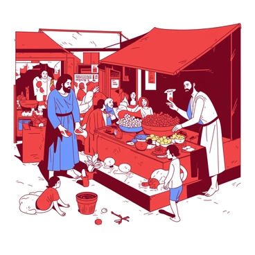 A red marketplace scene bustling with activity. In the foreground, two apostles are engaged in conversation, gesturing to a group of attentive listeners. One apostle, dressed in a blue robe, holds a scroll while pointing towards a basket of fresh produce. The other apostle, wearing a white tunic, interacts with a vendor selling colorful spices. Surrounding them, various market stalls display an array of vibrant fruits, vegetables, and textiles. People are engaged in daily activities, such as haggling over prices and exchanging goods, adding to the lively atmosphere. A few children are playing nearby, while others curiously observe the apostles, creating a sense of community and learning.