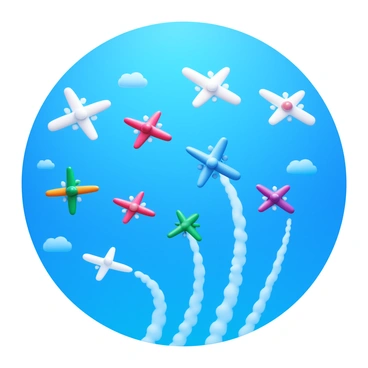 A group of airplanes flying in the sky, leaving behind contrails. The contrails twist and extend, forming an "expanded number" in the air. The background features a bright blue sky with a few fluffy white clouds scattered throughout. Each airplane has a distinct design, showcasing various colors and shapes. The contrails are white and fluffy, creating a clear contrast against the blue of the sky.