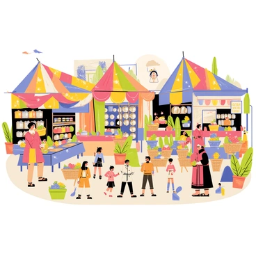 A bustling medieval market scene filled with vendors selling various wares. Colorful tents and stalls are arranged in a lively manner, showcasing an array of goods. One stall features bright fabrics draped elegantly, while another displays shiny metal pots and pans. A vendor is selling vibrant fruits and vegetables, with baskets overflowing with fresh produce. People dressed in rustic medieval clothing are interacting, bartering, and admiring the merchandise. The atmosphere is lively with children running around and a town crier announcing news in the background.
