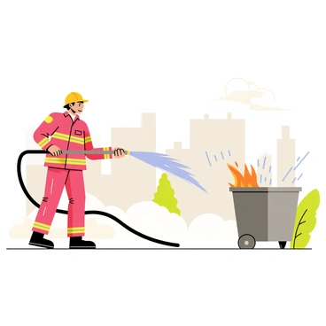 A firefighter wearing a bright yellow helmet and a red jacket is actively extinguishing a small dumpster fire with a long black hose. The hose sprays a powerful stream of water, creating splashes as it hits the flames. The dumpster, which is grey and slightly charred, is surrounded by smoke rising into the air. In the background, there are nearby buildings and trees, providing context to the scene. The firefighter's determined expression shows the focus and urgency of the situation.
