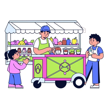 A street vendor is serving cendol from a vibrant, multi-colored cart. The cart features bright green and red stripes with decorative patterns. The vendor, wearing a simple apron and a baseball cap, is carefully scooping the cendol into a clear cup. The cendol consists of green rice flour jelly, coconut milk, and brown sugar syrup, all visibly layered in the cup. Around the cart, there are many customers, including a child with wide eyes observing the vendor. Stalls with various fruits and vegetables line the backdrop, adding to the lively market atmosphere.