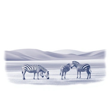 A herd of zebras is scattered across the open plains. They are grazing peacefully, their distinctive black and white stripes contrasting with the grassy terrain. The zebras are in various poses, some with their heads lowered to the ground, while others are standing alert. In the background, there are gentle rolling hills that create a sense of depth in the landscape. The sky above is clear and bright, providing a wide expanse that enhances the vastness of the scenery.