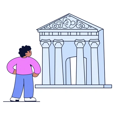 A 3D human figure stands with a slight tilt, gazing at an architectural structure. The figure has a neutral stance, with arms relaxed at the sides. The architectural structure features tall, soaring columns and intricate designs that include detailed carvings and ornate patterns. The structure is large and dominates the scene, with a grand entrance that showcases elaborate embellishments. The figure is positioned in front of the building, showcasing a sense of admiration.