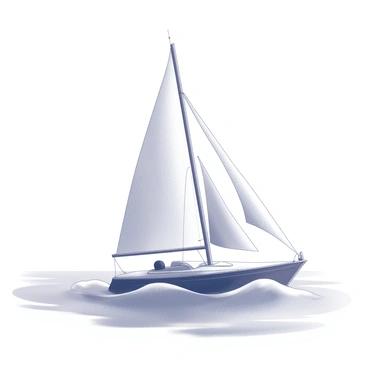A sailboat is moving smoothly across the surface of the sea. The sails are fully extended, billowing as the wind catches them, creating a dynamic shape against the sky. The boat has a streamlined hull, and the waves beneath it are depicted with gentle curves. In the background, there is a horizon line where the sea meets the sky, adding depth to the scene.