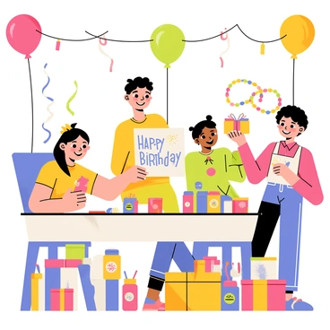 A craft party scene featuring a colorful room filled with friends engaged in various activities. One friend is sitting at a table, gluing sparkly decorations onto a handmade card with the words "Happy Birthday" written in bold letters. Another friend stands nearby, showcasing a bracelet made of colorful beads, smiling as she holds it up for everyone to see. A third friend is carefully painting a small wooden box, surrounded by paintbrushes and jars of vibrant paint. There are also piles of wrapped gifts on the table, each with unique designs and tags. The atmosphere is lively, with balloons and streamers hanging from the ceiling, adding a cheerful touch to the scene.