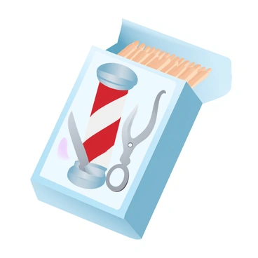 A vintage matchbook with a glossy cover featuring an illustration of a classic barbershop. The front of the matchbook displays an image of a red and white striped barber pole. Scissors are prominently featured alongside the pole, showcasing their shiny metallic surface. The matchbook is slightly open, revealing the matches inside. The overall design incorporates gradient pastel colors that evoke a sense of nostalgia and charm.