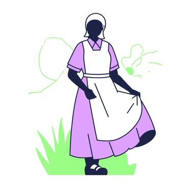 A silhouette of a handmaid is positioned against the backdrop of a setting sun. The handmaid is wearing a traditional dress that flows gently in the breeze, with a white bonnet framing her face. The sun is partially visible on the horizon, casting rays of light that create a contrast with the dark silhouette. In the foreground, there are a few sparse blades of grass bending slightly towards the ground, enhancing the atmosphere of a quiet moment. The overall scene conveys a sense of strength and determination.