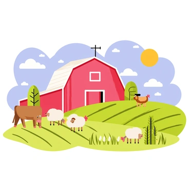 A charming farm scene featuring a large red barn with white trim and a weather vane on top. In the foreground, a variety of farm animals are grazing, including a brown cow, a few sheep with fluffy white wool, and a couple of playful chickens pecking at the ground. Expansive fields of green crops stretch out around the barn, showcasing rows of corn and wheat under a bright blue sky dotted with fluffy white clouds. The sun casts warm light over the scene, enhancing the colors of the landscape.