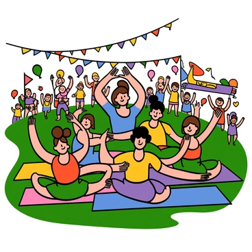 A group of five friends exercising together on a grassy area at a music festival. The friends are engaging in Russian twists, sitting on colorful yoga mats. They are wearing vibrant and playful athletic wear, with one friend wearing a bright red tank top, another in a blue crop top, a third in a yellow t-shirt, and the last two in green and purple shorts. In the background, there are colorful festival decorations, such as banners and balloons, with people dancing and enjoying the music. The atmosphere is lively and energetic, with sunlight shining down on the scene.