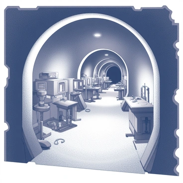 A network of underground tunnels with curved walls and arched ceilings. The tunnels are lined with various scientific instruments that emit a soft glow, illuminating the dim environment. Some instruments are large, with intricate designs, while others are smaller and more compact, all connected by a series of wires and tubes. The ground is uneven, with scattered equipment and tools, creating an atmosphere of active research and exploration. Shadows dance along the walls, enhancing the depth and complexity of the tunnel system.