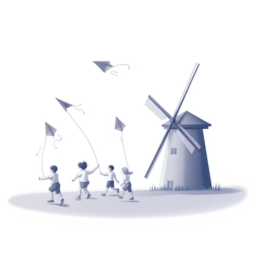 A group of children is flying kites in an open field. The kites are soaring high above them, some with tails fluttering in the wind. Nearby, there is a tall windmill with a large rotating blade, its structure prominently displayed against the sky. The windmill has a wooden body and a thatched roof. The children are dressed in light spring clothing, and they appear joyful and engaged, running and pulling the strings of their kites. The scene captures the essence of an energetic spring day marked by a clear sky and gentle breezes.