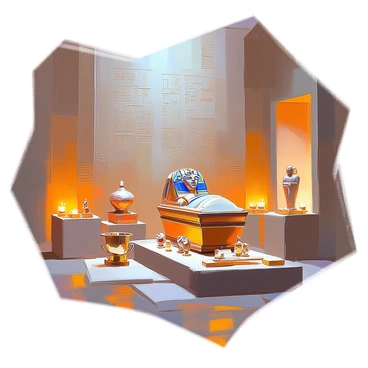 A dimly lit room showcasing a collection of ancient Egyptian artifacts. There are two ornate sarcophagi, intricately decorated with gold and colorful hieroglyphs, positioned prominently in the center of the room. The walls are adorned with ancient hieroglyphs, telling stories of gods and pharaohs, illuminated by soft, flickering candlelight. In the corners, small display cases hold various artifacts such as pottery, amulets, and statues of deities. The atmosphere is rich with history, evoking a sense of mystery and reverence for the ancient past.