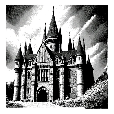 A large, intricately designed castle sits prominently in the foreground, its towering spires reaching towards the sky. The castle walls are adorned with detailed stonework, showing signs of damage from the ongoing siege. In the background, a chaotic scene unfolds, with fireballs soaring through the air, leaving trails of smoke behind them. Various spells are being cast from opposite sides, creating arcs of energy that illuminate the scene. Dark clouds gather above, adding to the intensity of the atmosphere. The ground is littered with debris, indicating the ferocity of the battle.