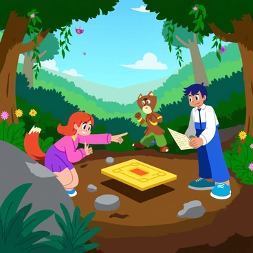 Team Rocket is standing in a dense, green jungle filled with tropical plants and vibrant flowers. They are surrounded by towering trees with thick trunks and large leaves, casting dappled shadows on the ground. In the center of the scene, they are excitedly examining a shimmering, ancient artifact partially buried in the rich, dark soil. The artifact is ornate, with intricate carvings and a glowing gemstone at its center. Jessie has wide eyes filled with wonder, while James is crouched down, holding a map and looking impressed. Meowth stands on a nearby rock, pointing at the artifact with an expression of surprise. The background is filled with lush foliage, hanging vines, and colorful birds flitting through the trees.