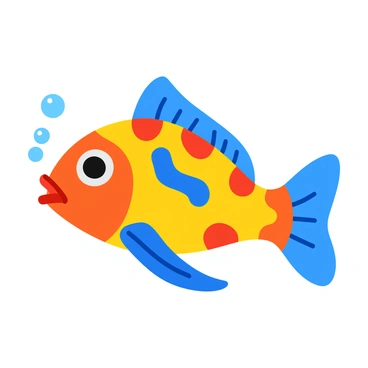 A fish with a streamlined body featuring a variety of geometric patterns. The fish is painted in vibrant colors such as bright blues, yellows, and reds, creating a bold contrast. Its fins are intricately detailed, showcasing the same geometric designs used on its body. The fish is positioned in a dynamic swimming pose, with bubbles rising around it. Light reflections shimmer off its scales, enhancing the vivid colors.