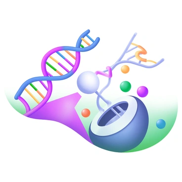 A close-up view of an RNA molecule binding to a ribosome during protein translation. The RNA has a distinctive helical shape, with vibrant colors highlighting its structure. The ribosome is depicted with its two subunits visibly engaged in the process. Surrounding the ribosome are several amino acid molecules represented by colorful spheres, indicating their connection to the growing peptide chain. The entire scene is illustrated with soft pastel tones to create a modern aesthetic.