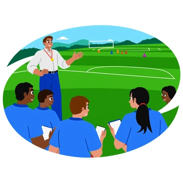 A coach with short brown hair wearing a whistle around his neck stands on the sidelines, facing a group of players. The coach gestures with his hands, emphasizing a point while looking focused and engaged. The players, dressed in matching blue uniforms, are attentively listening, some with notepads in hand, ready to take notes. In the background, a vibrant green field stretches out, with colorful cones and equipment scattered around, indicating an active practice session. The sun shines brightly, casting clear shadows on the grass.