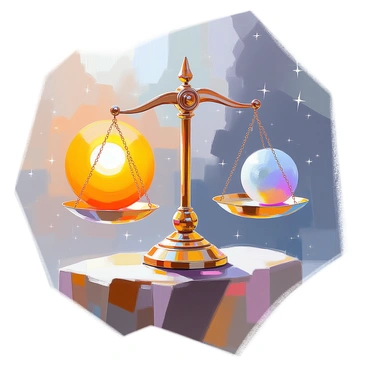 A celestial scale is depicted with a "glowing sun" on one side, radiating warm yellow and orange hues. On the opposite side, a "shimmering moon" with a soft silver glow contrasts against the sun. The scale itself is intricately designed with ornate details, suspended in a deep cosmic background filled with stars. The sun and moon are perfectly balanced, showcasing their harmonious relationship in the vastness of space. The overall scene conveys a sense of equilibrium and wonder.