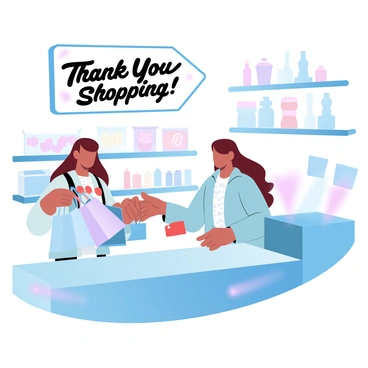 Nobara is standing at a checkout counter, holding a few shopping bags filled with items. She is wearing a vibrant outfit that includes a light jacket and a patterned top. The checkout counter is adorned with colorful displays of snacks and candies. Nobara is placing cash or a card on the counter, and a friendly cashier is scanning her items. Above the counter, there are shelves stocked with various products. A large sign stating "Thank You for Shopping!" is visible in the background.