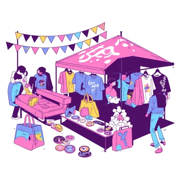 A vibrant merchandise booth is set up at a lively festival. The booth features a variety of "festival-themed t-shirts" displayed on multiple hangers, each shirt showcasing colorful illustrations of musical notes and outdoor scenes. To the side, there are several "canvas bags" with similar festive designs, neatly stacked and ready for purchase. A selection of "badges" is arranged on a small table in front of the booth, each badge adorned with cheerful illustrations and catchy phrases. Colorful banners hang above the booth, adding to the festive atmosphere, and festival-goers are seen browsing the merchandise.