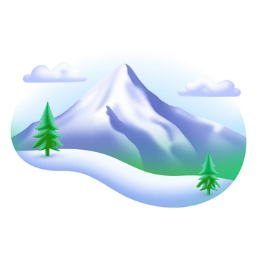 A modern pastel illustration depicting a mountain peak dusted with fresh snow. The peak is sharply defined against a soft blue sky, with delicate white clouds drifting nearby. The snow on the mountain glistens in the sunlight, showcasing a pristine white texture. In the foreground, a few evergreen trees are covered lightly with snow, their green contrasting with the white. The overall scene conveys a sense of crisp winter freshness and tranquility.