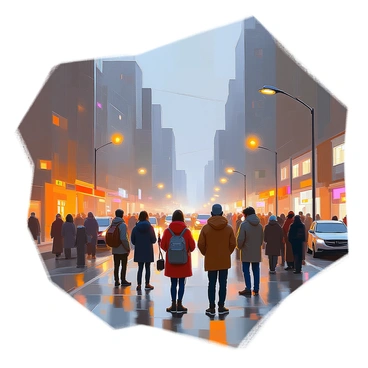 A cityscape showcasing a dimly lit urban environment during an energy crisis. The buildings are mostly dark, with only a few windows faintly glowing, hinting at the absence of electricity. In the foreground, a diverse group of people gather, some holding candles, while others converse quietly. Many individuals are wrapped in coats, and a few carry backpacks. The streets appear empty, with only sparse cars parked along the sides. Streetlights are non-functional, casting a shadowy atmosphere over the scene.