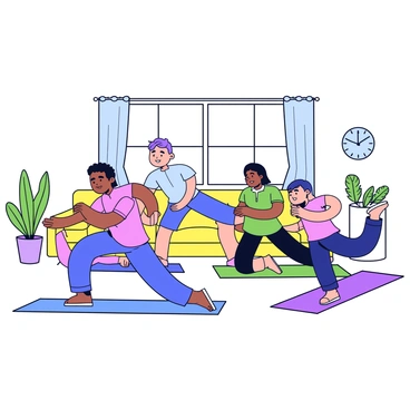 A living room with a cozy atmosphere featuring a family exercising together. There are four family members performing glute bridges on colorful yoga mats. The father is on a blue mat, the mother is on a green mat, and two children are on purple and pink mats respectively. The room has a large window allowing natural light to fill the space. A few plants are placed in the corners, and a clock is visible on the wall. Everyone is focused on their exercise, creating a sense of togetherness and activity.