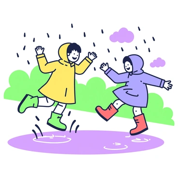 A joyful scene of children splashing in puddles during a rain shower. Two children are wearing raincoats, one is yellow and the other is blue, both with hoods up. They are jumping energetically into a large puddle, sending droplets of water in all directions. The children's boots are bright green and red, creating a vibrant contrast against the water. In the background, there are trees partially obscured by rain, and the sky is filled with dark clouds. The ground is wet, reflecting the colors of the children's raincoats and the splashes they create.