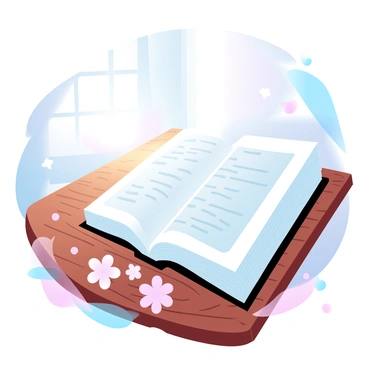 An open Bible is resting on a wooden table. The pages of the Bible are illuminated by the soft light of the sunrise, creating a warm glow across the text. The wooden table has a rich grain, showcasing its natural texture. Sunlight filters through a nearby window, casting gentle shadows in the scene. A few small, delicate flowers are placed next to the Bible, adding a touch of color to the composition.