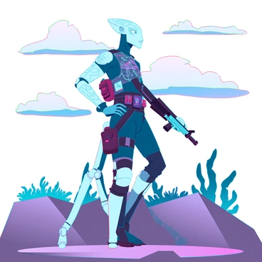 An alien mercenary with iridescent skin and multiple limbs stands confidently on a rocky terrain of a foreign world. Their elongated head features a series of intricate patterns and luminescent markings. They are equipped with a high-tech energy weapon slung across their shoulder, which emits a faint glow. Various futuristic gadgets and pouches are attached to their armor-like suit, reflecting advanced technology. The sky above is a blend of unusual colors, and strange vegetation can be seen in the background, adding to the otherworldly environment.