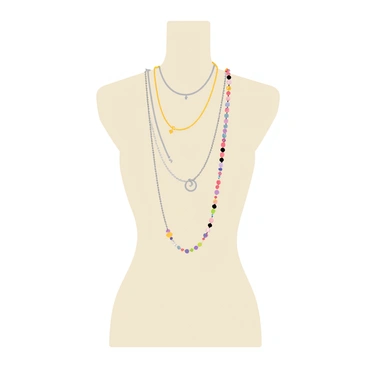 A mannequin stands upright, showcasing several layered necklaces of various lengths and styles. The first necklace is a short, delicate gold chain with a small heart pendant. The second is a medium-length silver chain featuring a circular charm. The third necklace is a long, beaded piece made of colorful stones that drapes elegantly over the mannequin. The mannequin's neck is elegantly displayed, with the necklaces overlapping and complementing each other visually, creating a fashionable and eye-catching display.